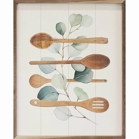 Watercolor Eucalyptus & Spoons Wood Framed Print 