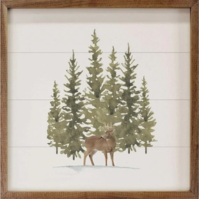 Watercolor Pines Deer Wood Framed Print 