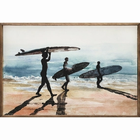Watercolor Surfers On The Beach Wood Framed Print 