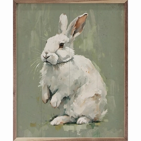 White Bunny On Green Wood Framed Print 