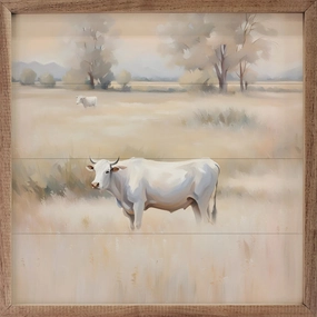 White Cow In Brown Field Wood Framed Print 
