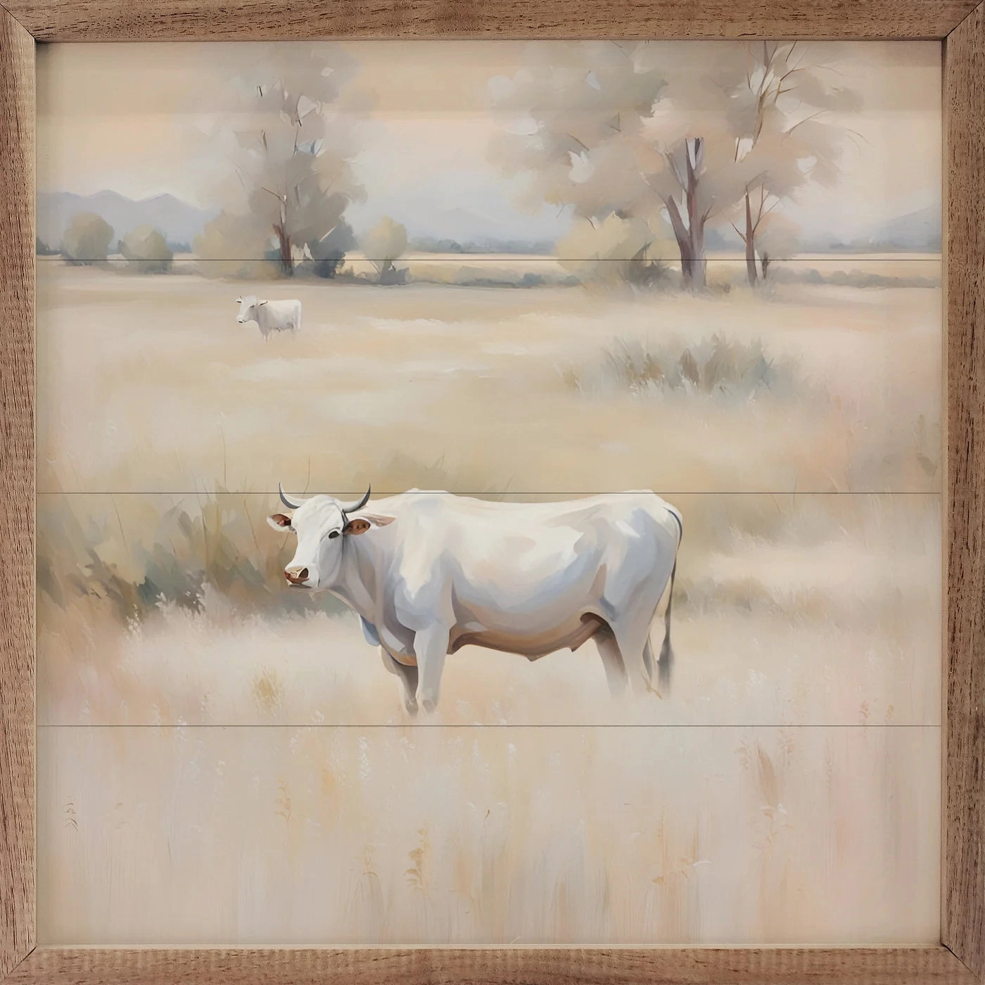 White Cow In Brown Field Wood Framed Print 