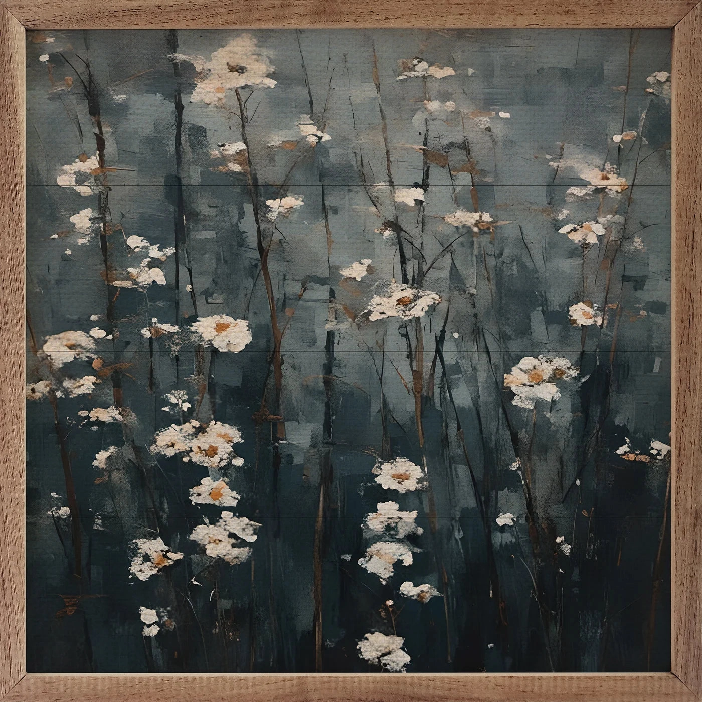 White Flowers In Dark Field Wood Framed Print 