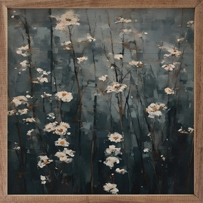 White Flowers In Dark Field Wood Framed Print 
