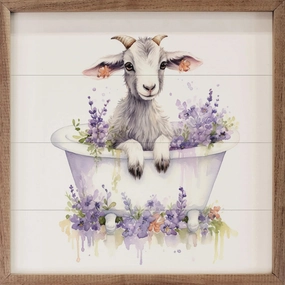 White Goat With Flowers Wood Framed Print 