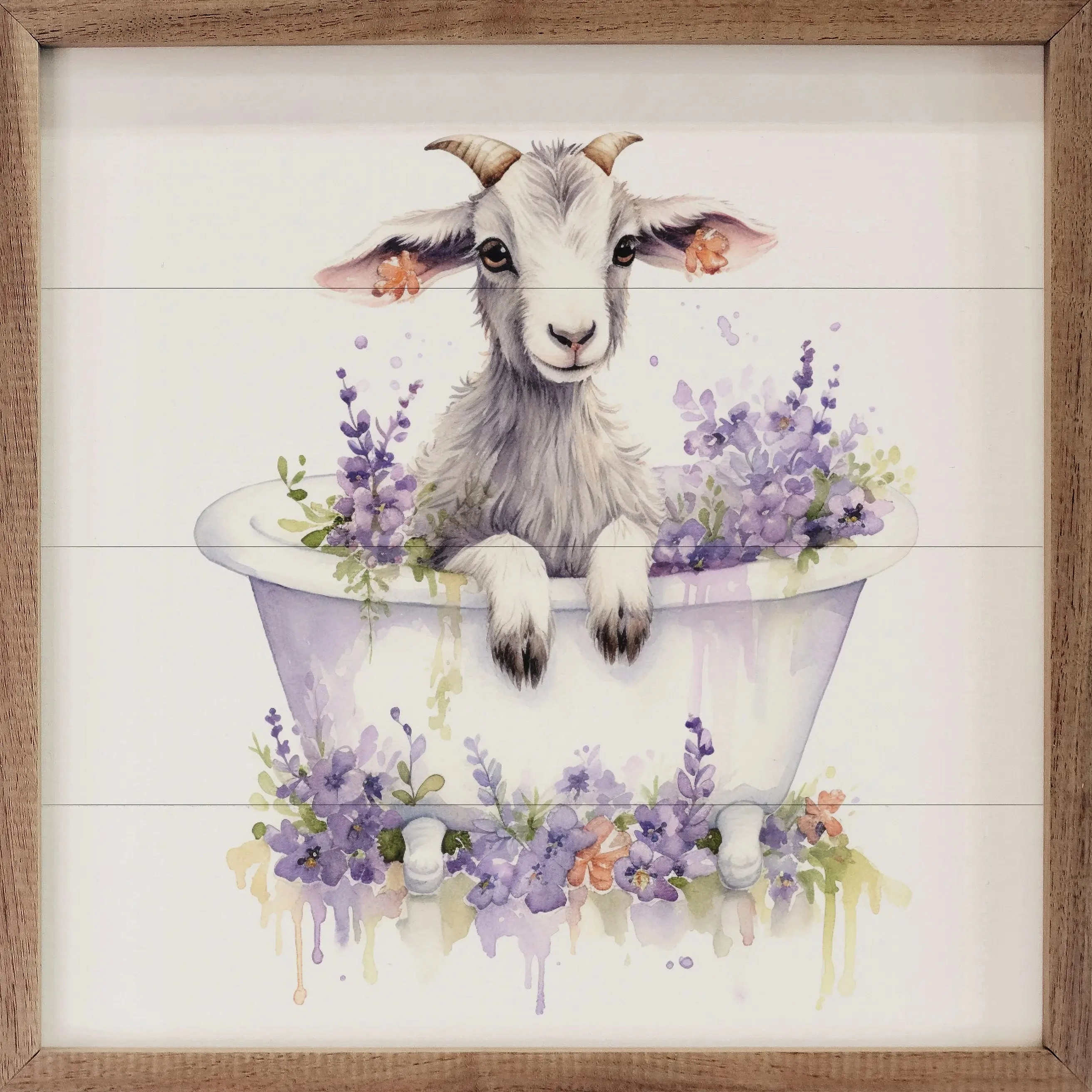 White Goat With Flowers Wood Framed Print 