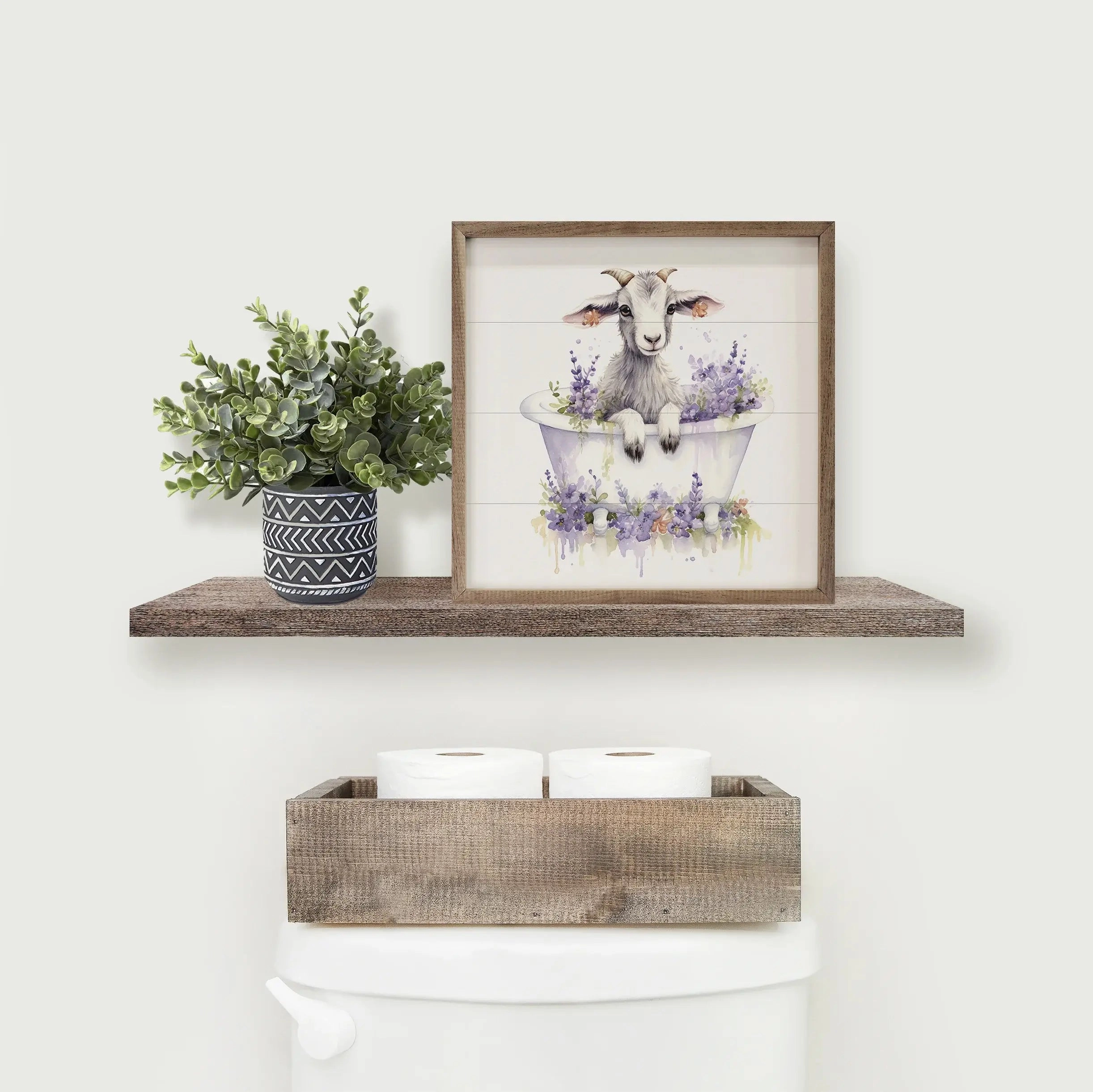 White Goat With Flowers Wood Framed Print