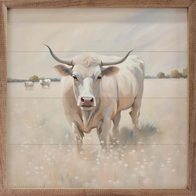 White Longhorn In Field Wood Framed Print 