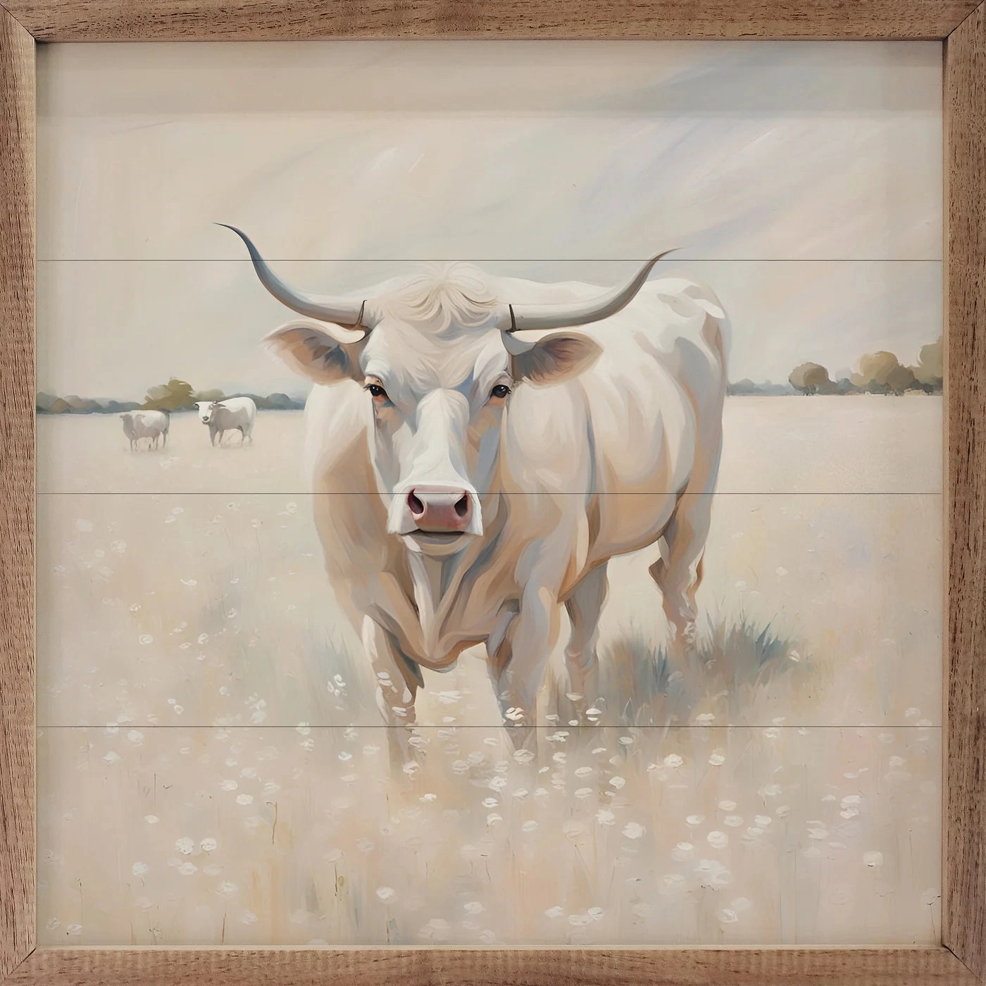 White Longhorn In Field Wood Framed Print 