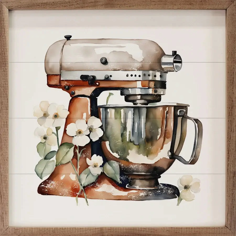 White Mixer With Flowers Wood Framed Print 