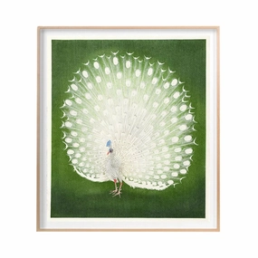 White Peacock on Green Framed Wall Art 