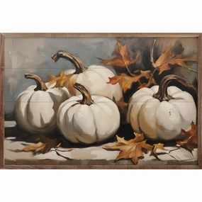 White Pumpkins With Leaves Wood Framed Print 
