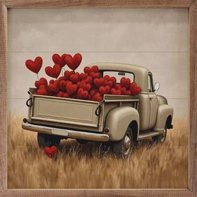 White Valentine's Day Truck Hearts Wood Framed Print 