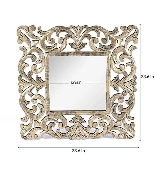 Wood Decorative Hand Crafted Mirror, 24 X Inch (Gold), Square, Wall Mount, Framed
