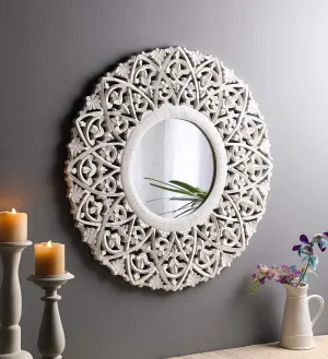 Wood Hand Crafted Round Distressed White Finished Vanity Wall Mount Mirror  27X27 Inches, Framed 