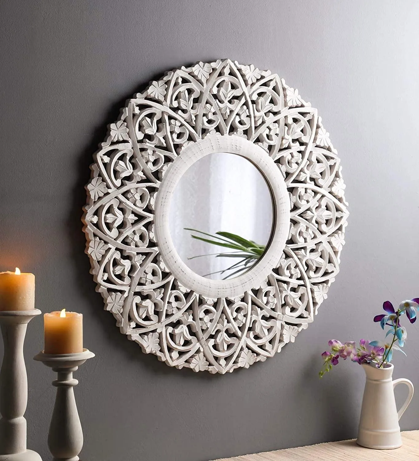 Wood Hand Crafted Round Distressed White Finished Vanity Wall Mount Mirror  27X27 Inches, Framed 