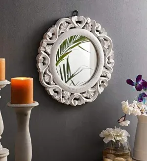 Wood Hand Crafted Round Shape Vanity Wall Decorative Mirror Glass for Living Room, 35X 35 X 1.5 cm (White) (TUS-MR-40) Framed 
