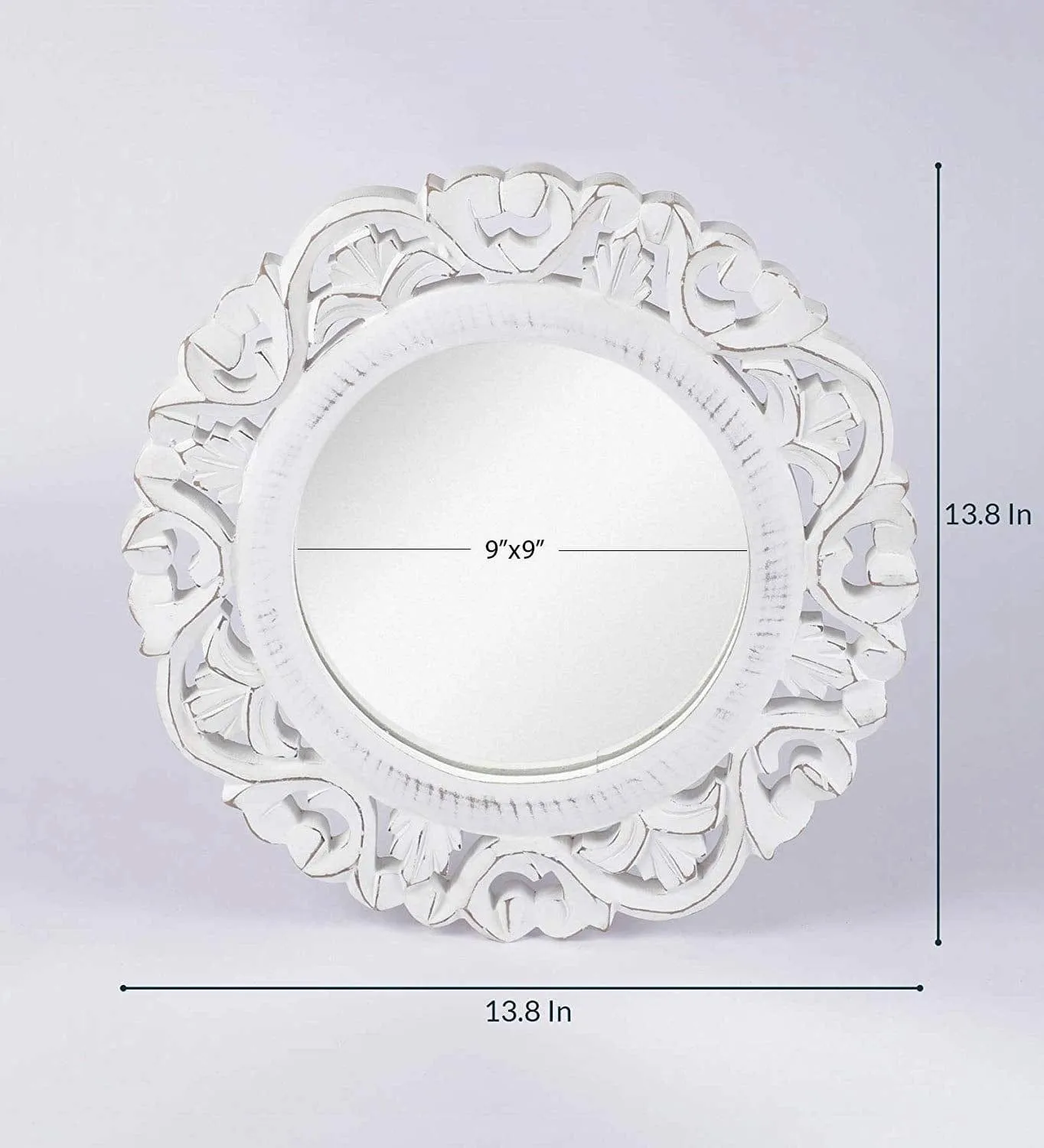 Wood Hand Crafted Round Shape Vanity Wall Decorative Mirror Glass for Living Room, 35X 35 X 1.5 cm (White) (TUS-MR-40) Framed