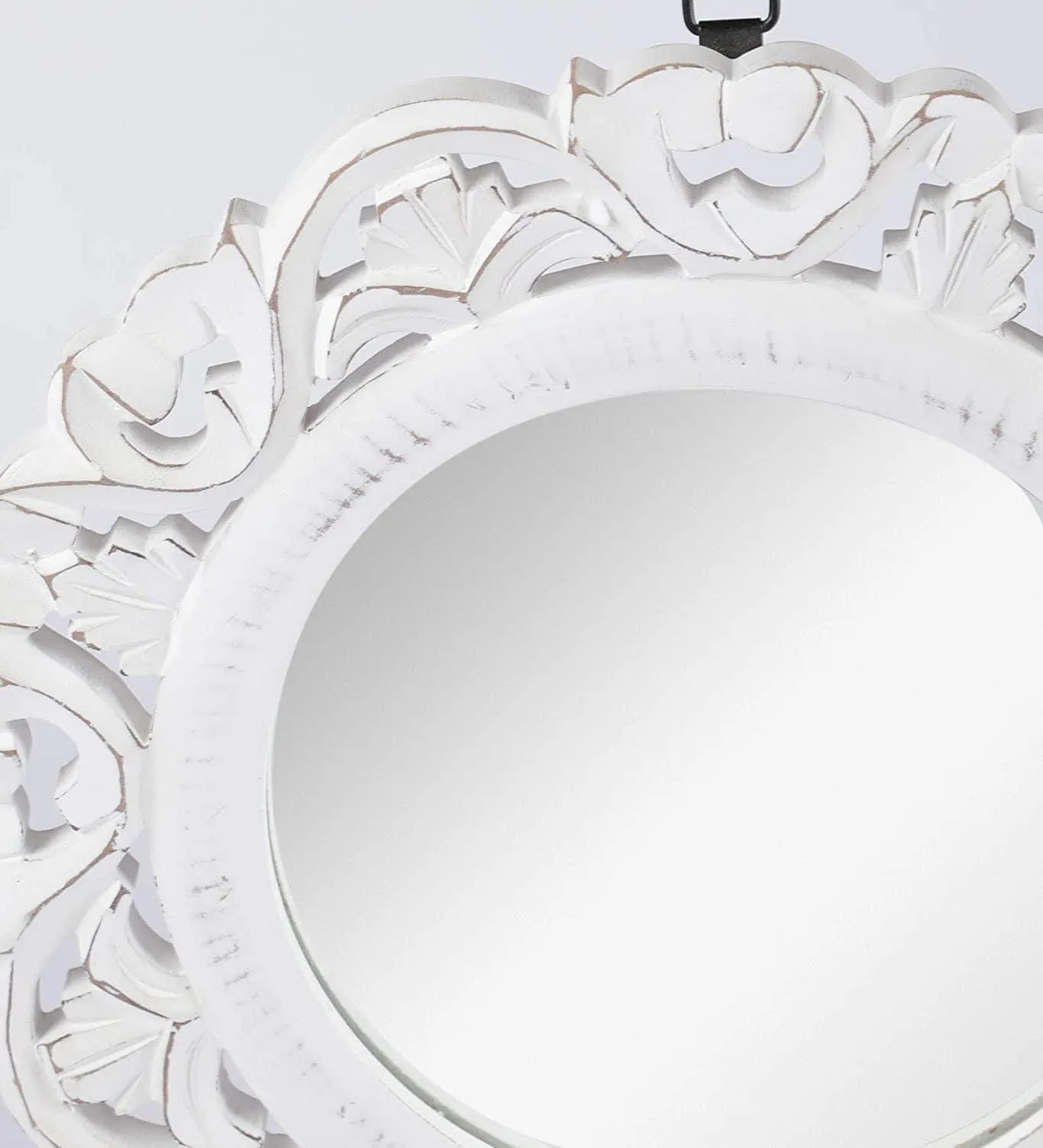 Wood Hand Crafted Round Shape Vanity Wall Decorative Mirror Glass for Living Room, 35X 35 X 1.5 cm (White) (TUS-MR-40) Framed