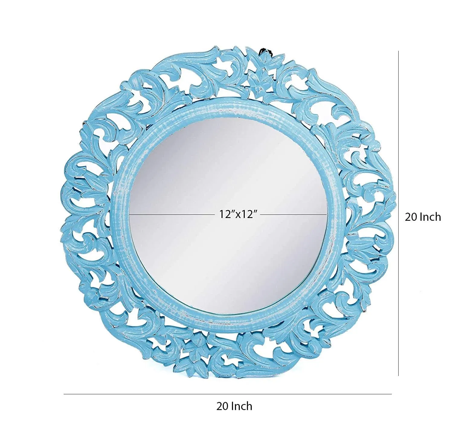 Wood Hand Crafted Round Shape Vanity Wall Mirror Glass for Living Room, 20"X 20" Blue, Framed