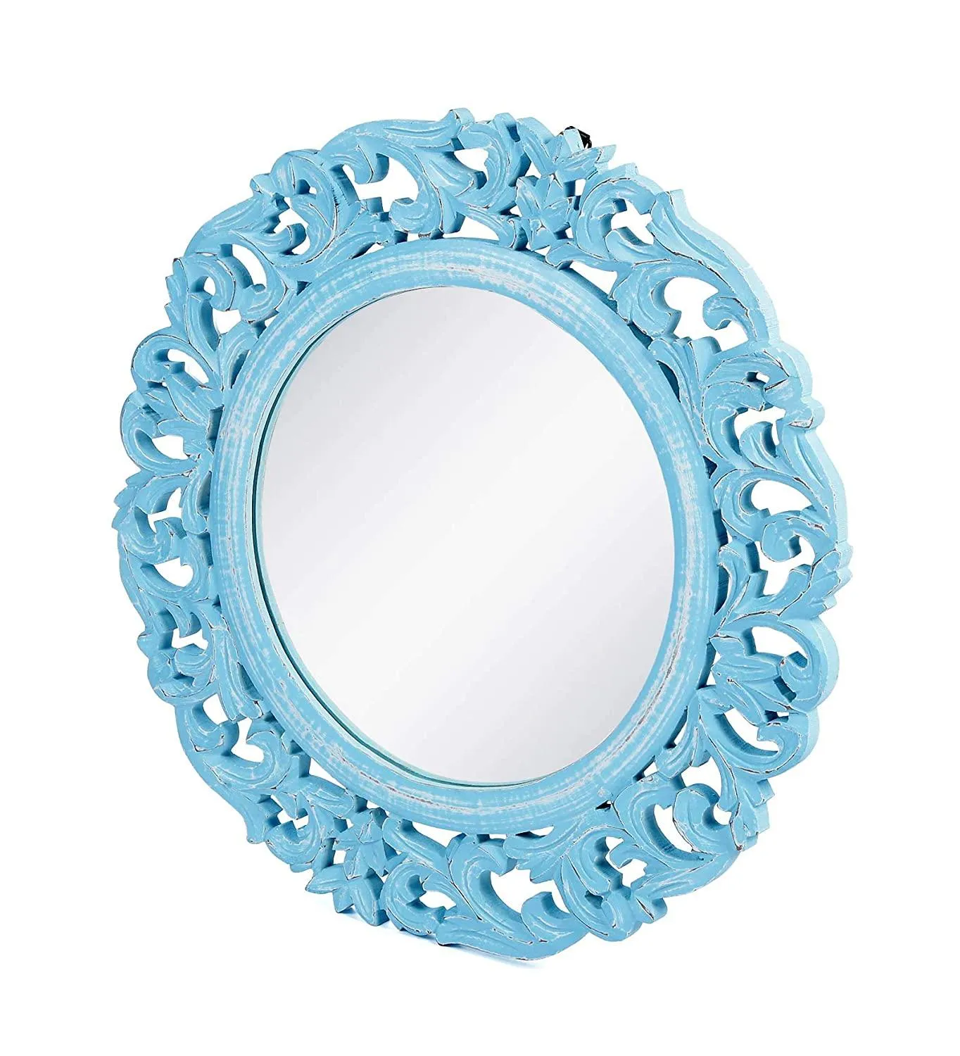 Wood Hand Crafted Round Shape Vanity Wall Mirror Glass for Living Room, 20"X 20" Blue, Framed