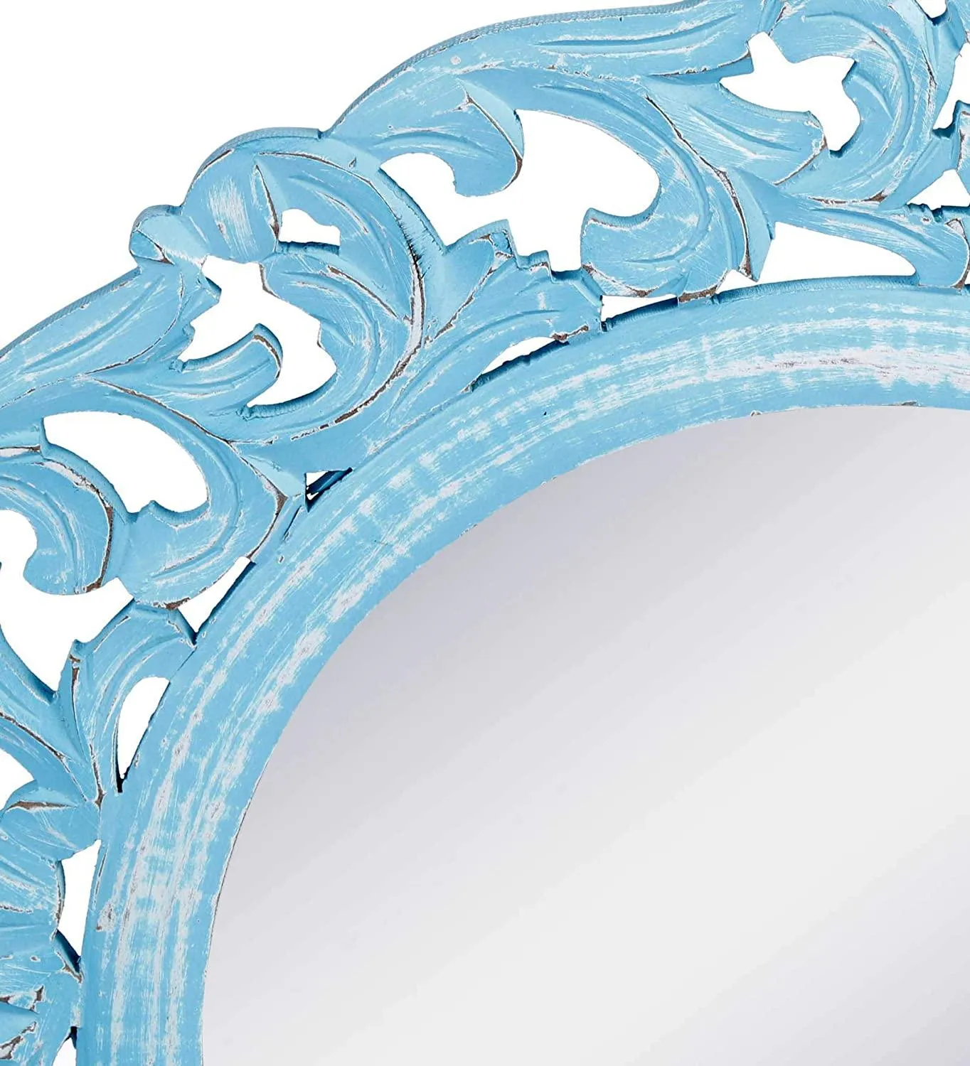 Wood Hand Crafted Round Shape Vanity Wall Mirror Glass for Living Room, 20"X 20" Blue, Framed