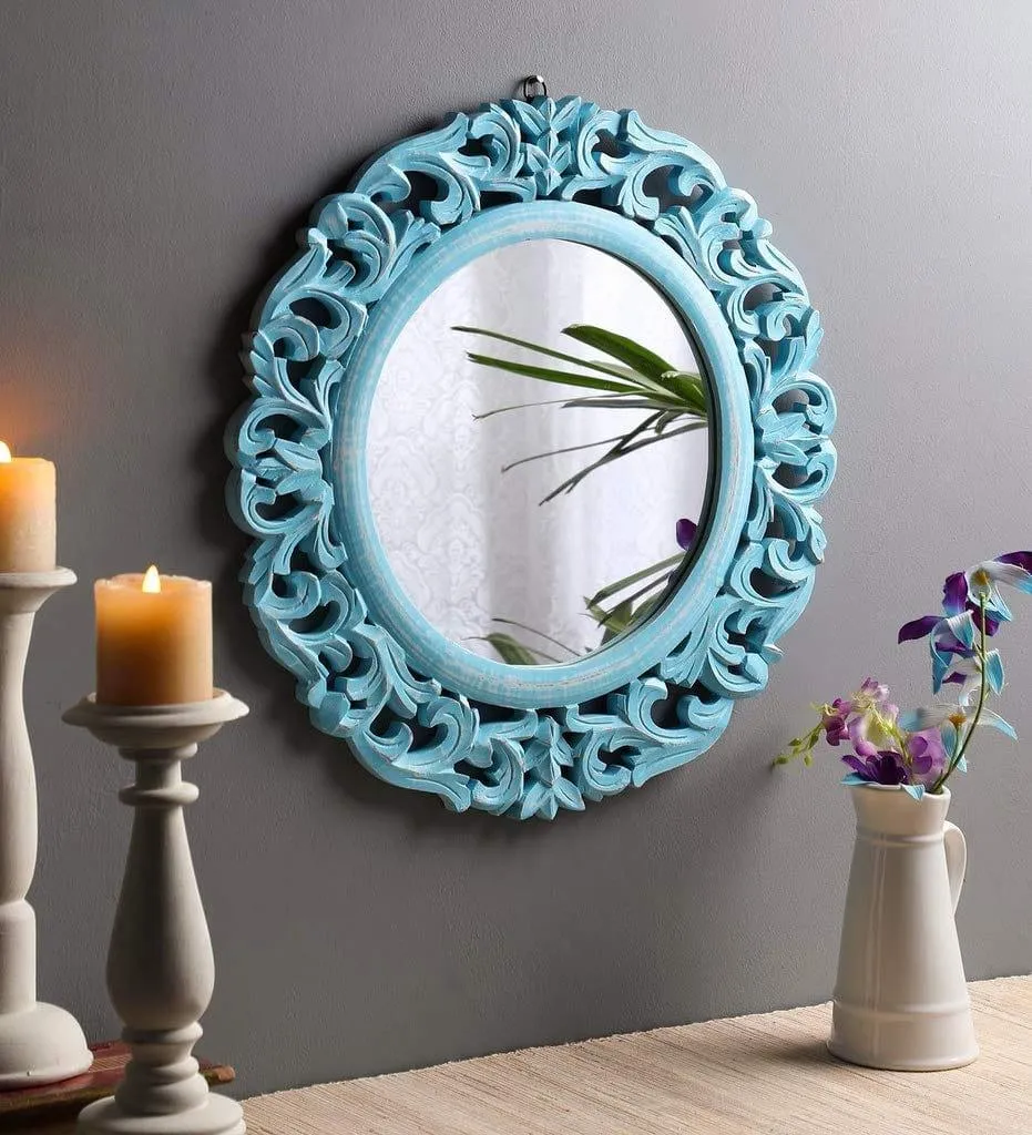 Wood Hand Crafted Round Shape Vanity Wall Mirror Glass for Living Room, 20"X 20" Blue, Framed 