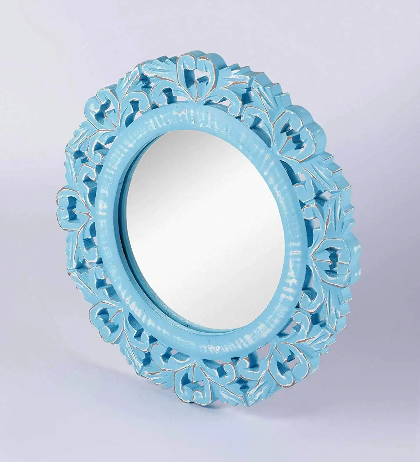 Wood Hand Crafted Round Shape Vanity Wall Mount Mirror Glass-Blue, 35X 35 X 1.5 cm, Framed