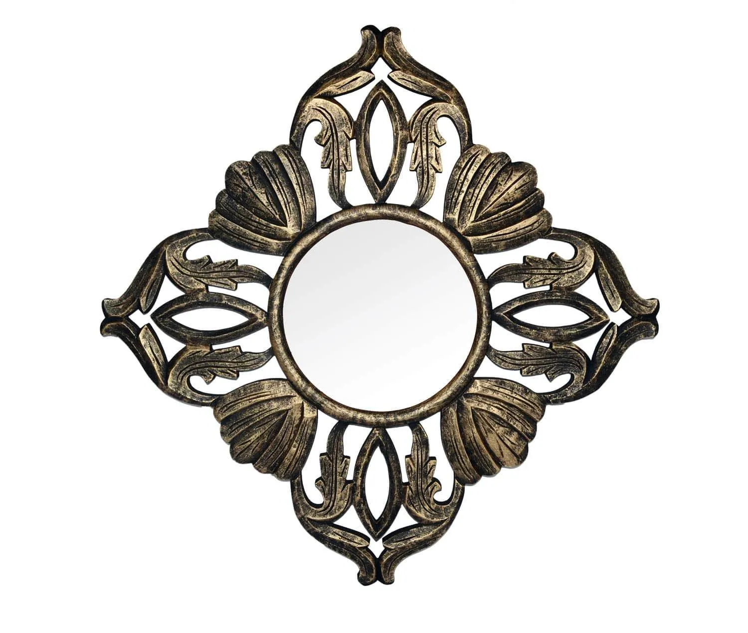 Wood Hand Crafted Square Antique Finished Vanity Wall Mirror for Living Room, 20X20 Inches (Gold)