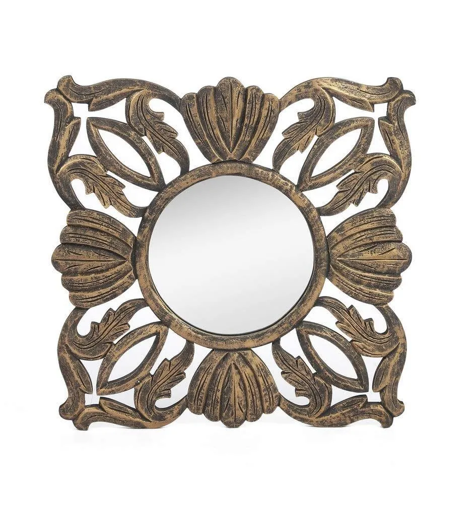 Wood Hand Crafted Square Antique Finished Vanity Wall Mirror for Living Room, 20X20 Inches (Gold)