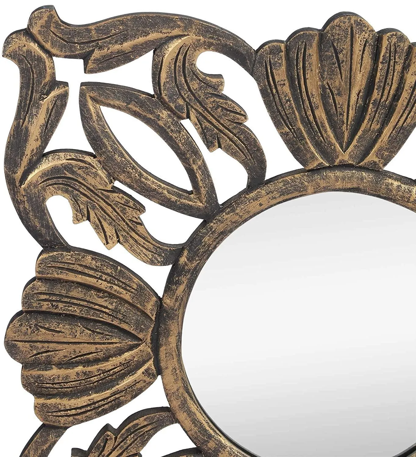 Wood Hand Crafted Square Antique Finished Vanity Wall Mirror for Living Room, 20X20 Inches (Gold)