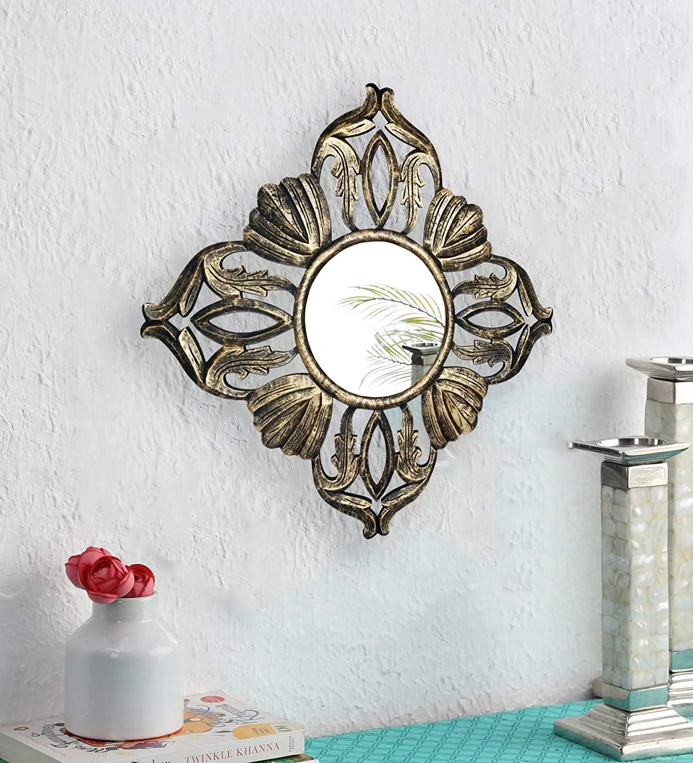 Wood Hand Crafted Square Antique Finished Vanity Wall Mirror for Living Room, 20X20 Inches (Gold) 