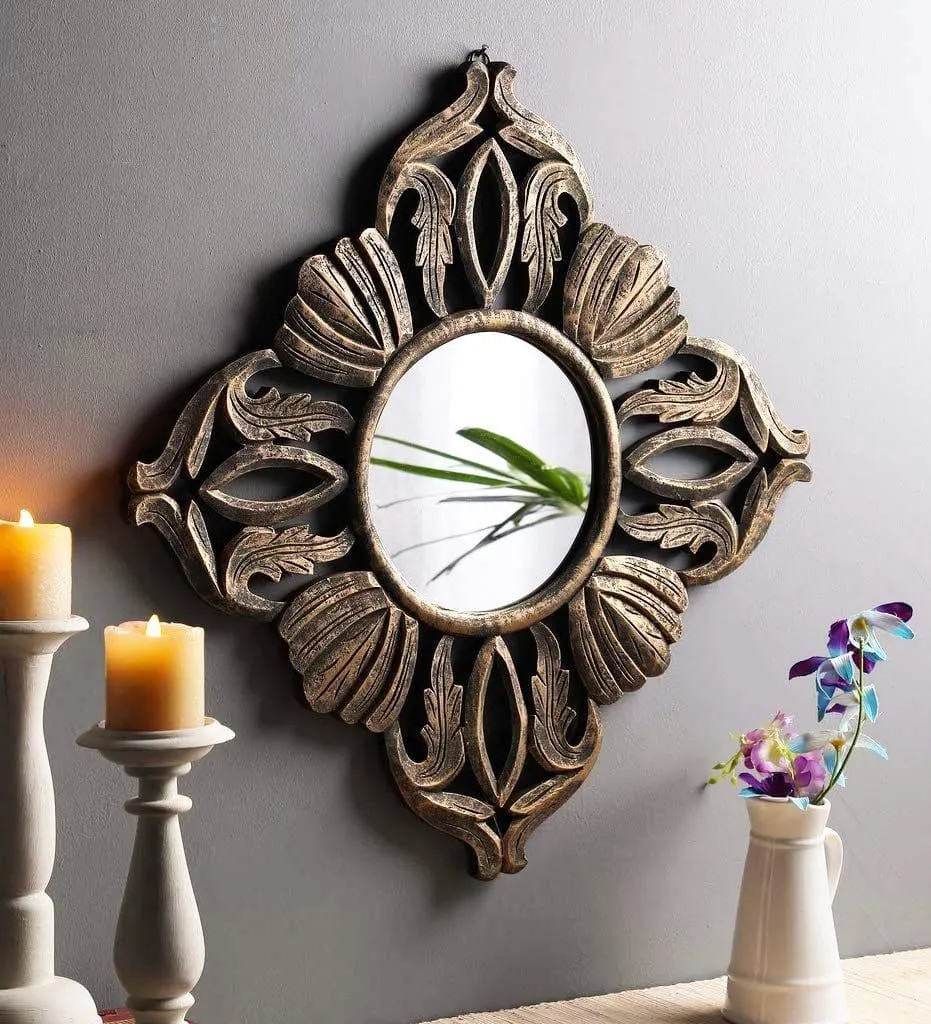 Wood Hand Crafted Square Antique Finished Vanity Wall Mirror for Living Room, 20X20 Inches (Gold)