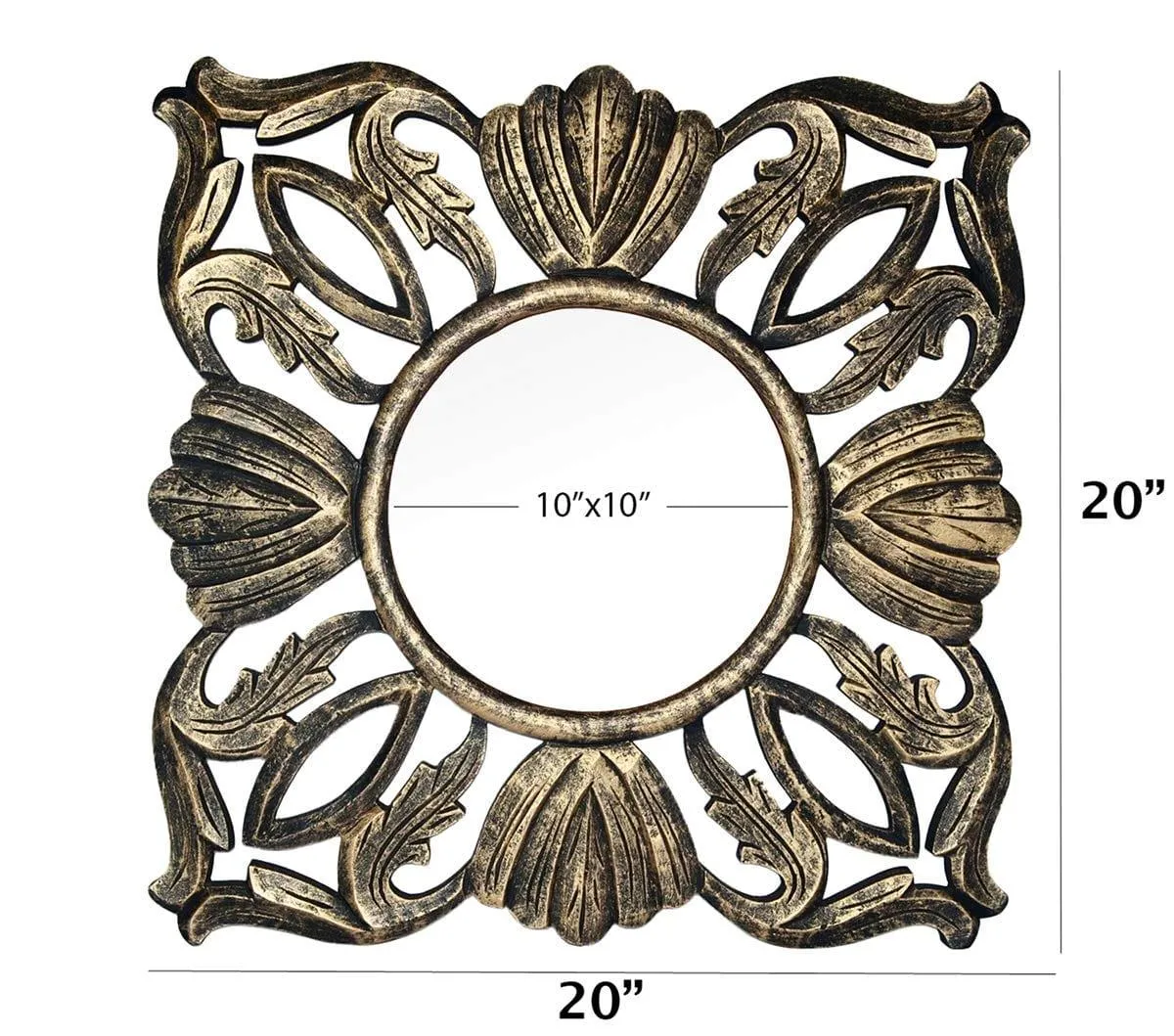 Wood Hand Crafted Square Antique Finished Vanity Wall Mirror for Living Room, 20X20 Inches (Gold)