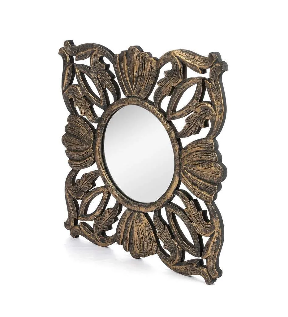 Wood Hand Crafted Square Antique Finished Vanity Wall Mirror for Living Room, 20X20 Inches (Gold)