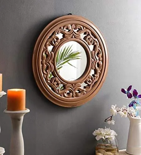 Wood Handcrafted Wall Mirror for Bedroom Home Decor Living Room Bathroom, 45 X X1.9 cm (Brown) (TUS-MR-37) 