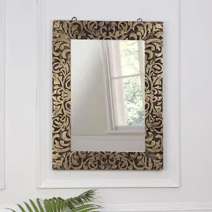 Wood Handcrafted Wall Mirror for Bedroom, Home Decor, Living Room, Bathroom, 59 X 43 2.5 Cm (Gold) 