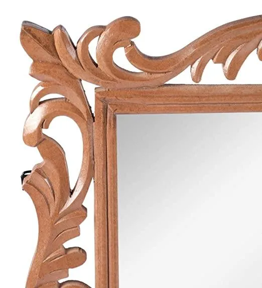 Wood Handcrafted Wall Mirror for Bedroom Home Decor Living Room Bathroom, 60 X 45 1.9 cm (Brown) Rectangular, Framed
