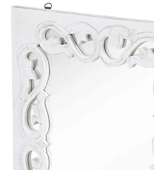 Wood Handcrafted Wall Mirror for Bedroom Home Decor Living Room Bathroom, (60 X 45 X2.2 cm, White)