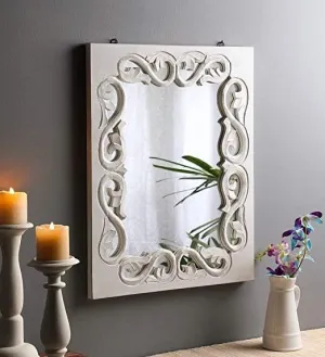 Wood Handcrafted Wall Mirror for Bedroom Home Decor Living Room Bathroom, (60 X 45 X2.2 cm, White) 