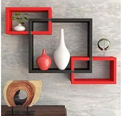 Wooden Wall Shelf For Living Room Stylish | Hanging Book Rack Organizer | Floating Display Showpiece Organizer (Set Of 3 Cubes, Color- Black and Red) 