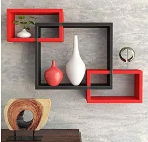 Wooden Wall Shelf For Living Room Stylish | Hanging Book Rack Organizer | Floating Display Showpiece Organizer (Set Of 3 Cubes, Color- Black and Red) 