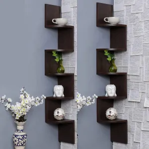 Wooden Wall Shelves | Corner Hanging Shelf for Living Room Stylish | Zig Zag Home Decor Floating Display Rack Storage Organizer Unique Design with Brown Finish 5 Tiers (Set of 2) 